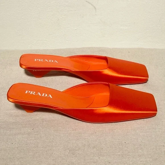 Prada orange satin silk square toe mules logo heels with box size 41 - Picture 2 of 13